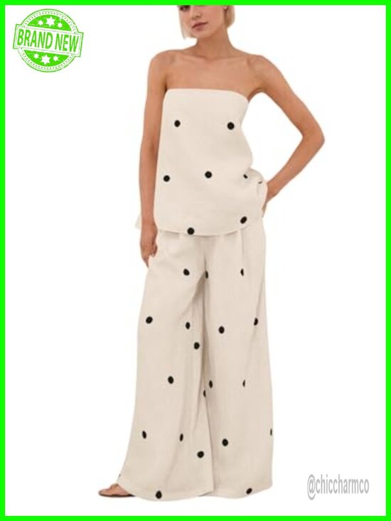 Pants - Polka Dot Strapless Tube Top Wide Leg Pants Lounge Set 2 Piece